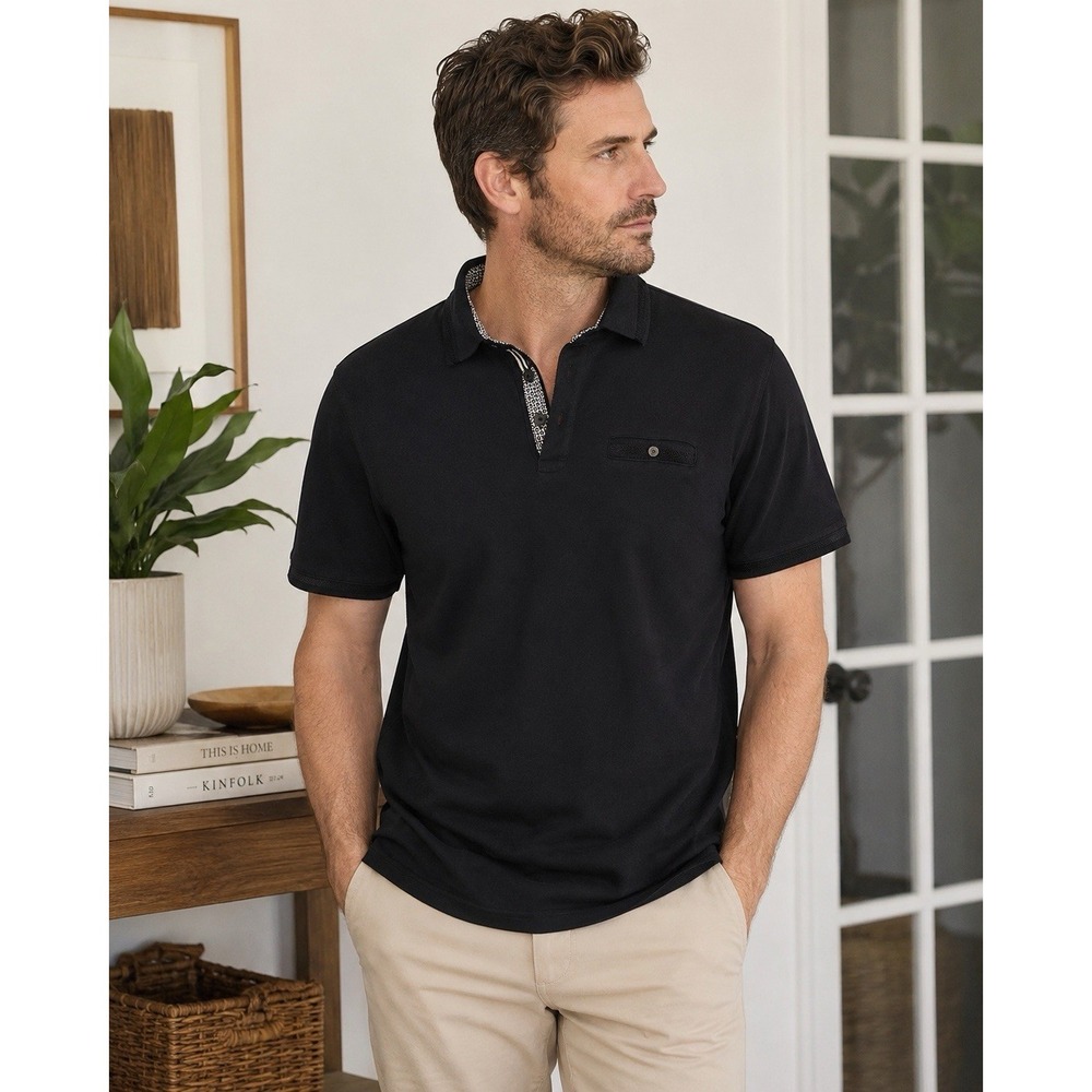 Ted Baker London Mens XL Size 5 Black Lyocell Polo Shirt Pocket Geometric Trim